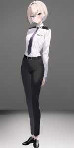 girl, very short hair, pilot uniform, white shirt, necktie, long black pants, standing, full body view s-3173725679.png
